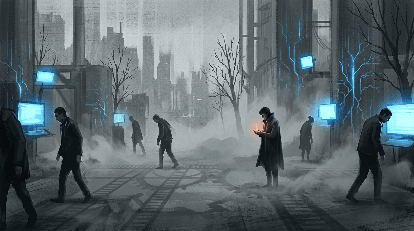 Символична сцена: животът губи цвят — студена светлина от екрани и избледняваща човечност