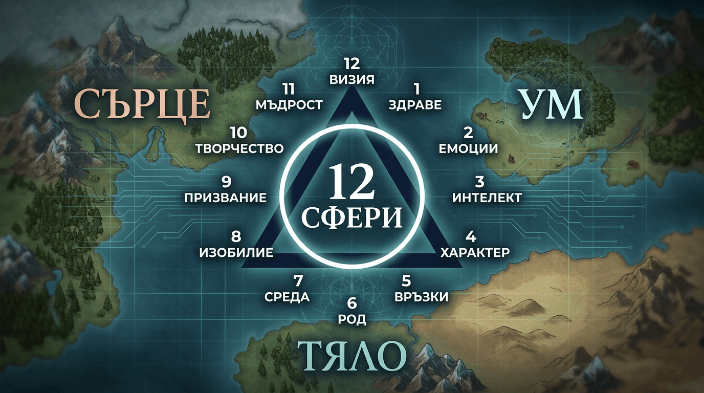 Карта на 12-те сфери: Сърце, Ум, Тяло — древна мъдрост и ясна структура